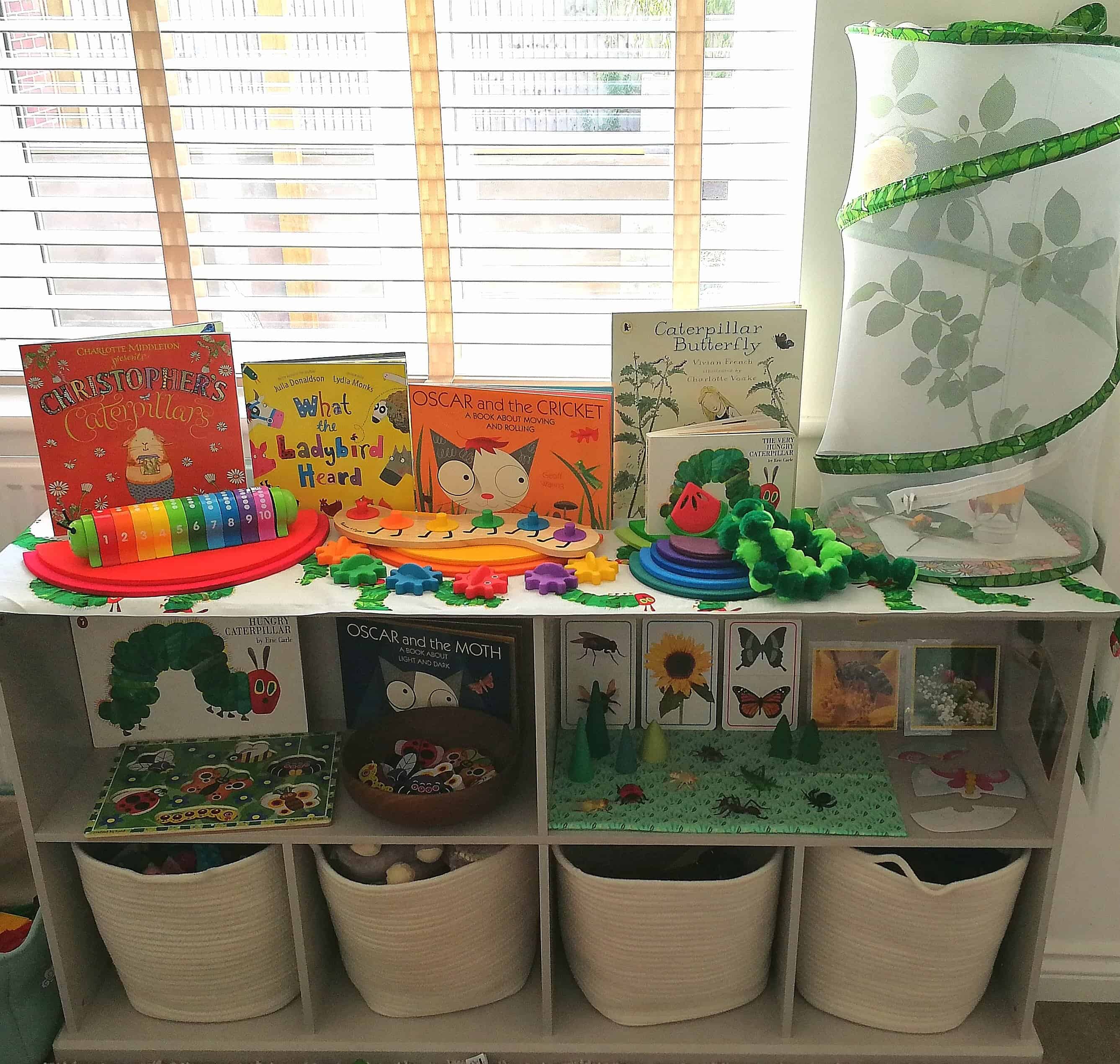 Shelfie - Theme - Minibeasts - Insects - Animals - Caterpillars - Butterflies - Moths - Matching - Communication and Language - Fine Motor Skills - Puzzles - Games - Toddler ideas - Preschooler - Books - Small World - Grimms Toys - Wooden Toys