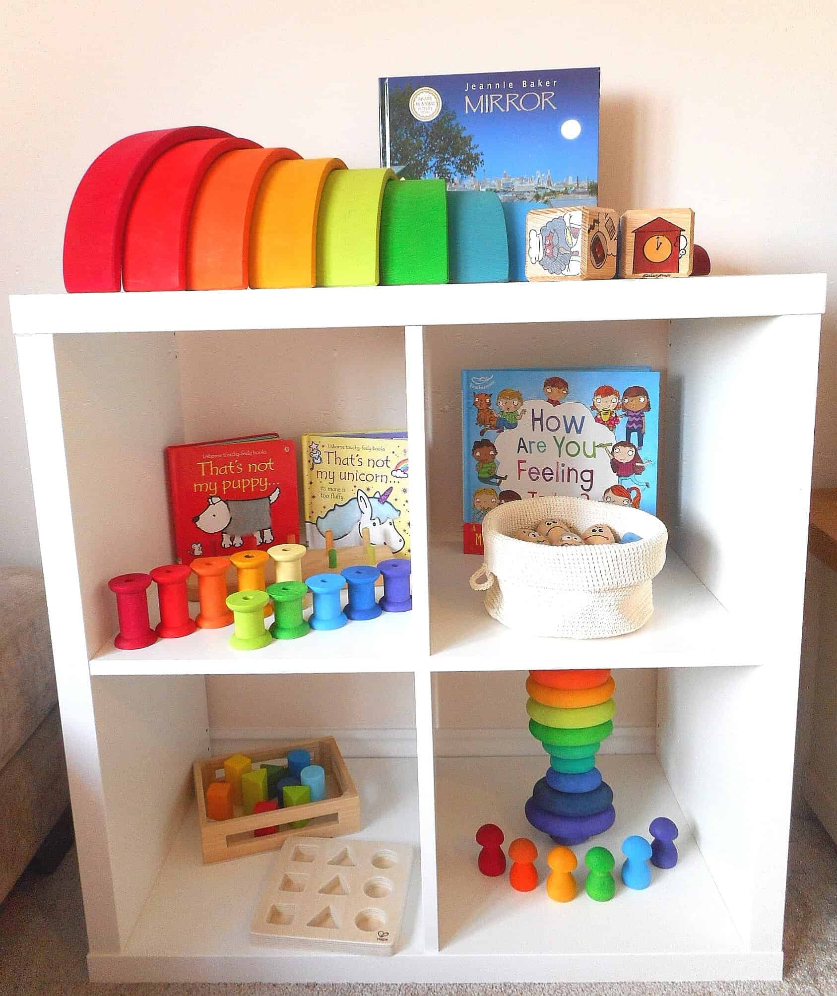 Shelfie - early years - toddler play - Preschooler - Grimms - Grapat - Eric&Albert - books - stories  - Wooden Toys - Construction - Stacking- Mindfulness - Puzzles - Colours - Rainbow - Matching - Language - Words - Loose Parts - Farm Animals- Stories  - Mushrooms - Story Stones  - Small World - Feelings - Emotions - Number - numeracy - Books - Stories - Hape - Grimms