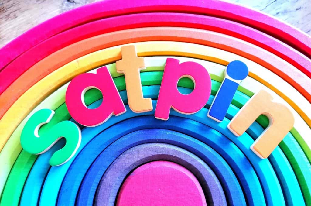 satpin letters on Grimms rainbow - phase 2 phonics - phases