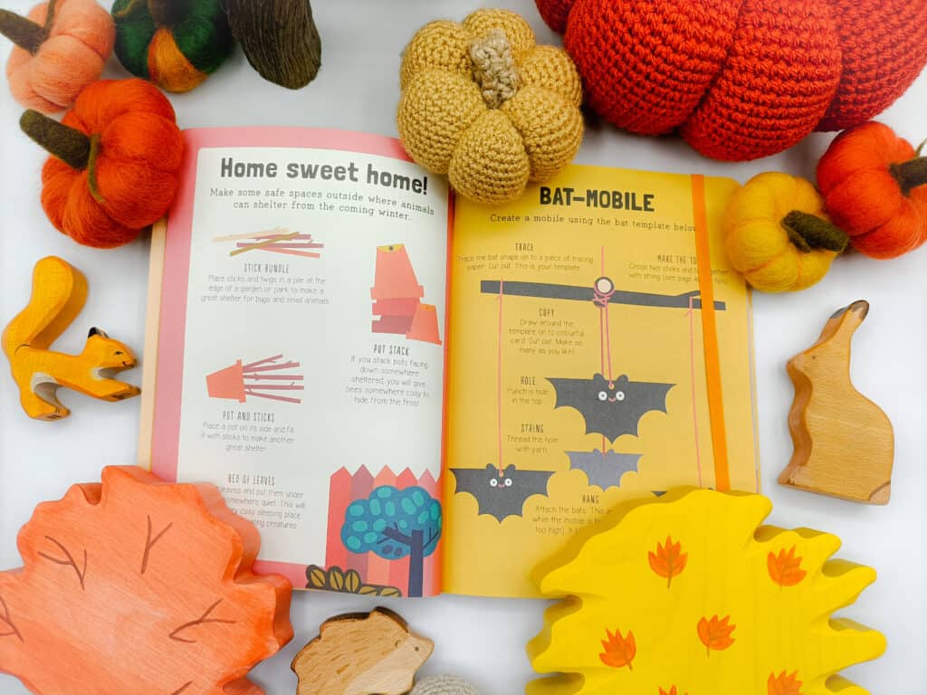 50 Things to Try book stood up surrounded by wooden and fabric toys in autumnal colours of orange, yellow and red. Toys include wooden trees, felted trees, fabric pumpkins and wooden, woodland animals – hedgehog, hare, squirrel. Three further images are of the same items lay flat with the book open on specific pages.