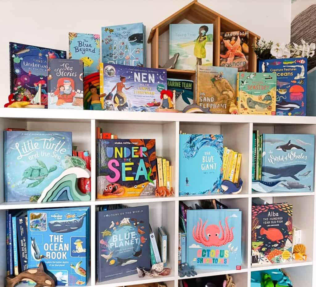 Kallax Ikea unit with summery ocean books on the shelves