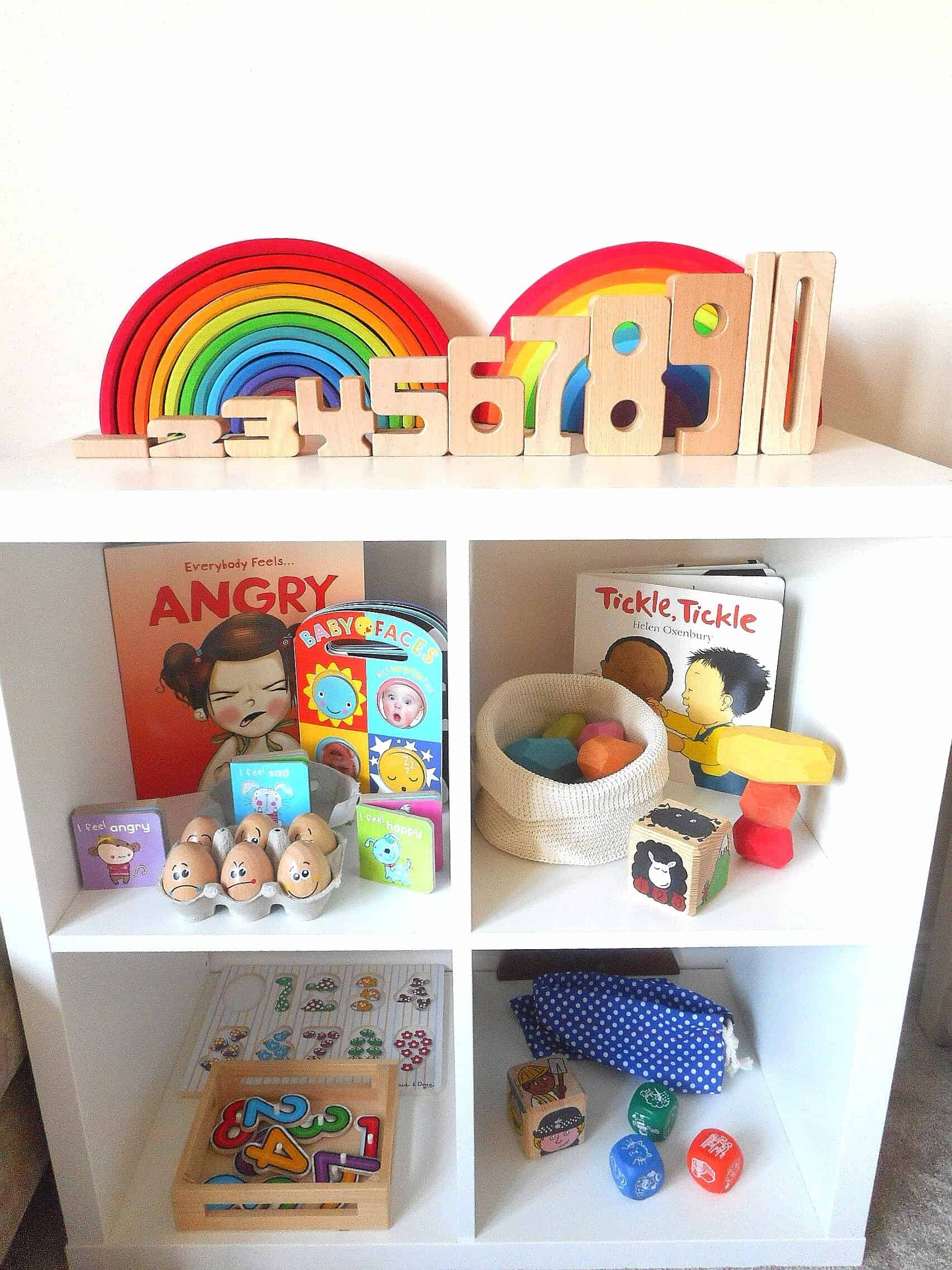 Shelfie - early years - toddler play - Preschooler - Grimms - Grapat - Eric&Albert - books - stories - Wooden Toys - Construction - Stacking- Mindfulness - Puzzles - Colours - Rainbow - Matching - Language - Words - Loose Parts - Farm Animals- Stories - Lanka Kade - Mushrooms - Story Stones - Rock Art - Small World - Feelings - Emotions - Number - numeracy