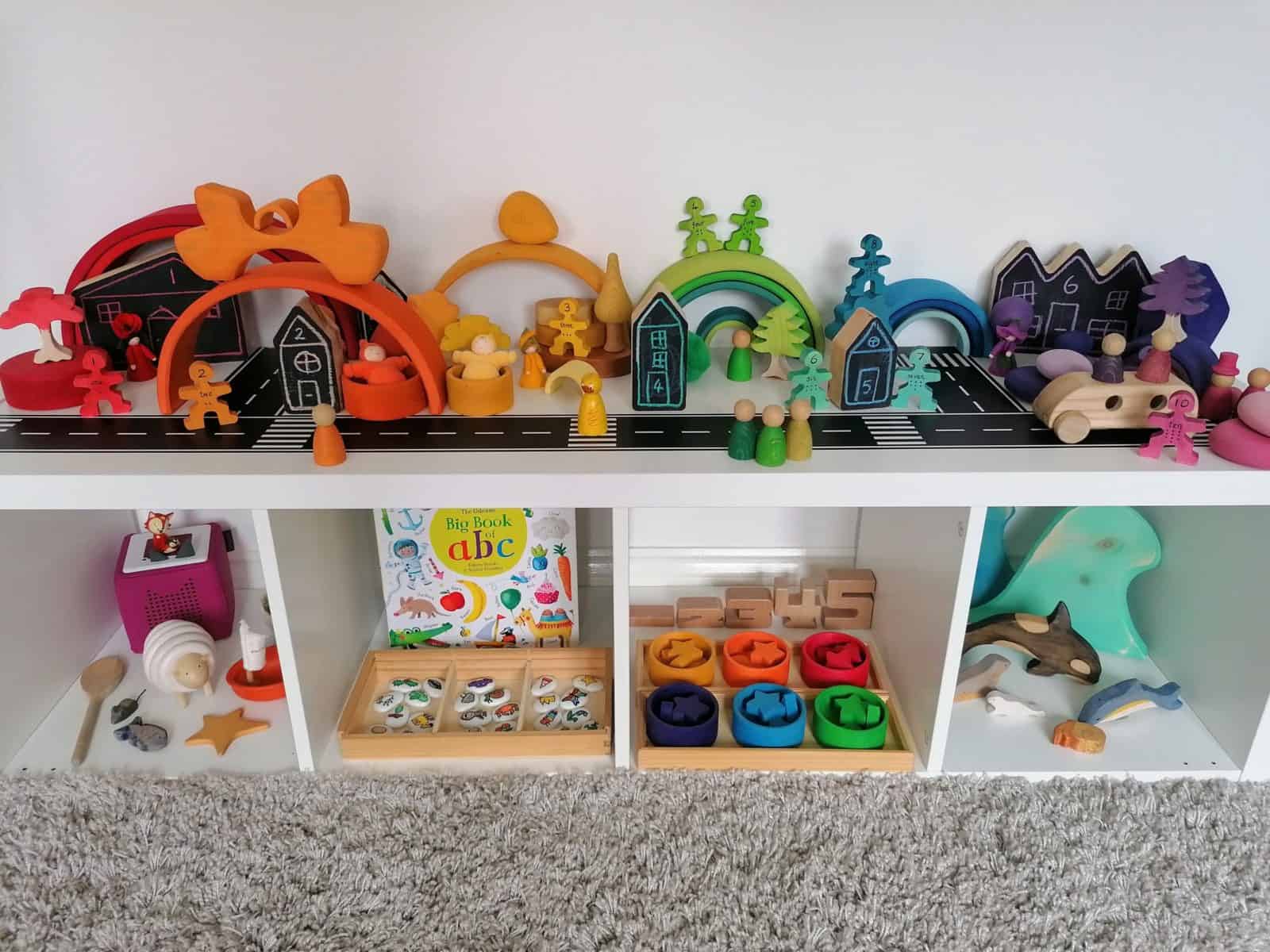 Toy Shelfie - Toy rotation - toy organisation - toy organization - top toys 2 year old and 3 year old - perpetual calendar - loose parts - open ended toys - traditional tales - three little pigs - waldorf inspired