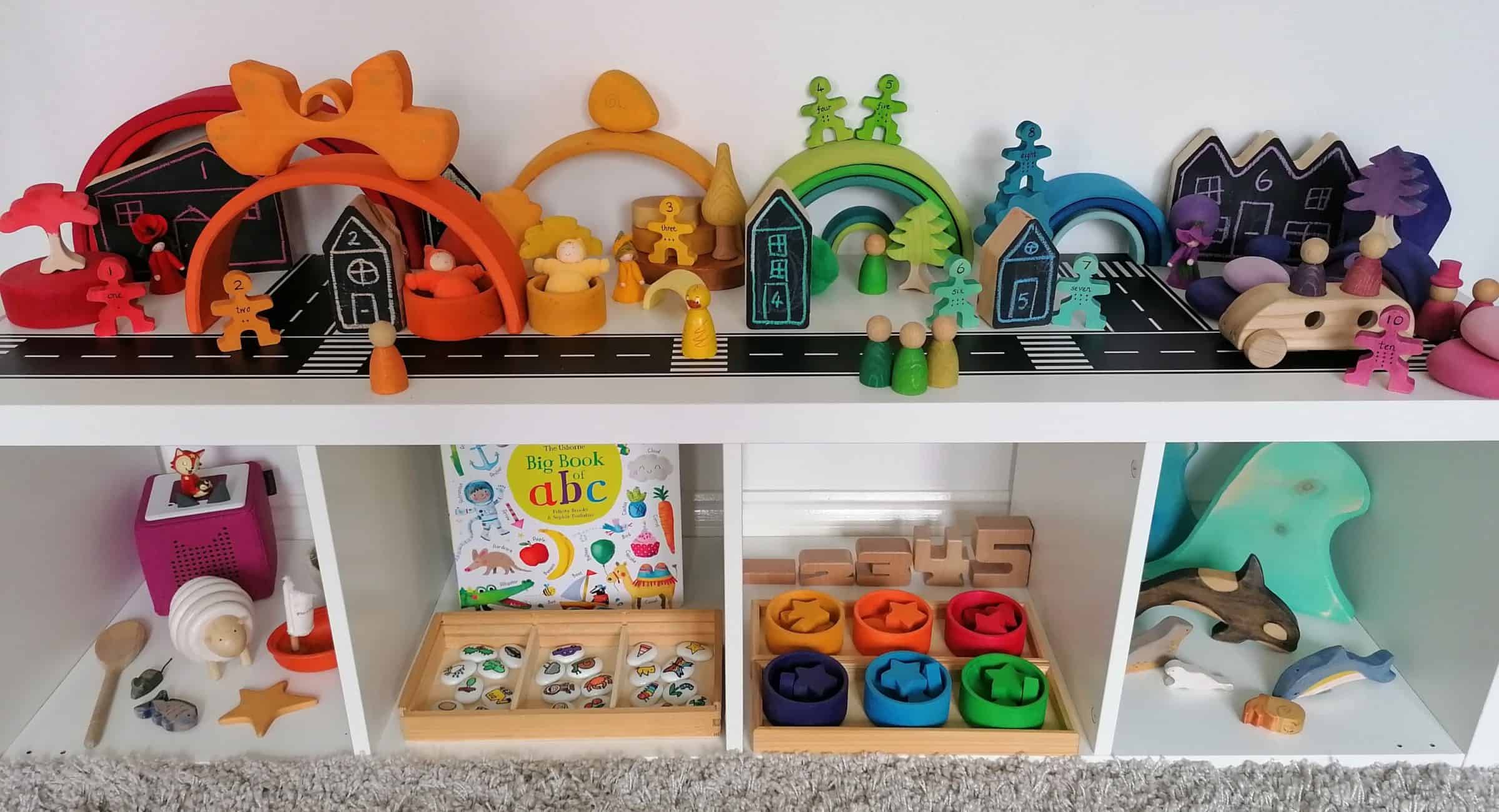 Toy Shelfie - Toy rotation - toy organisation - toy organization - top toys 2 year old and 3 year old - perpetual calendar - loose parts - open ended toys - traditional tales - three little pigs - waldorf inspired