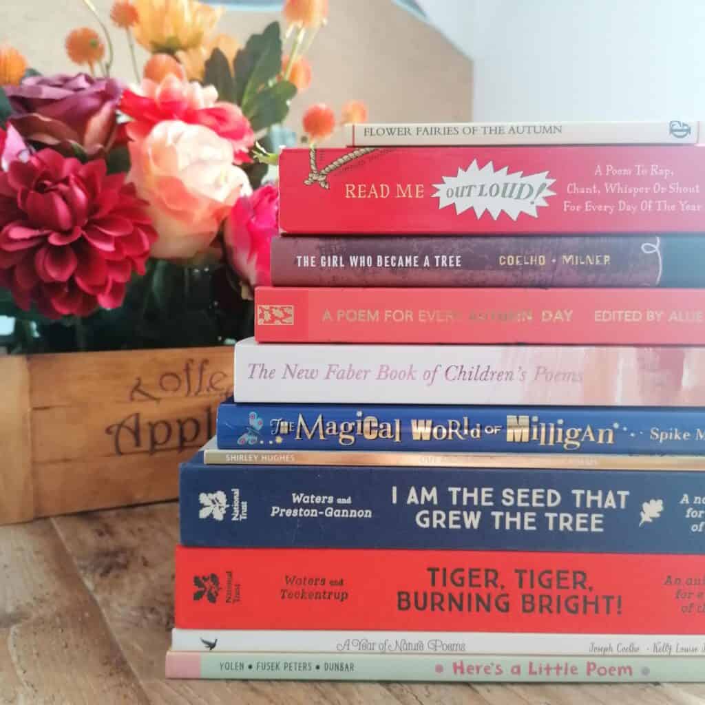 A stack of poetry books in front of a crate of Autumnal faux flowers.
