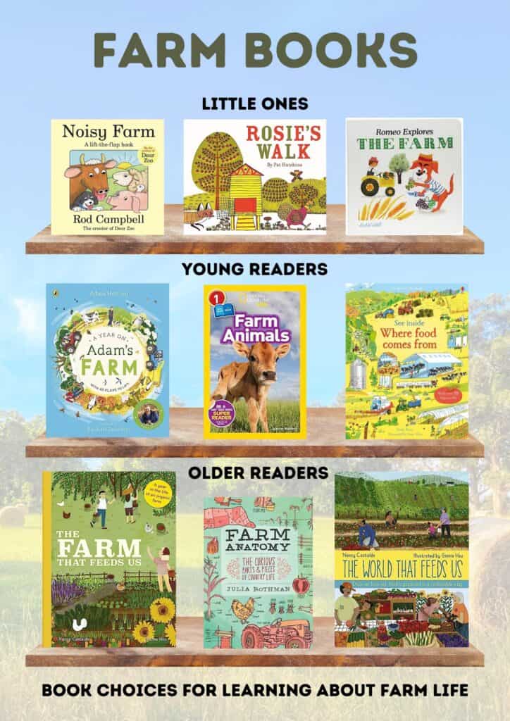 A selection of books on shelves related to farms.