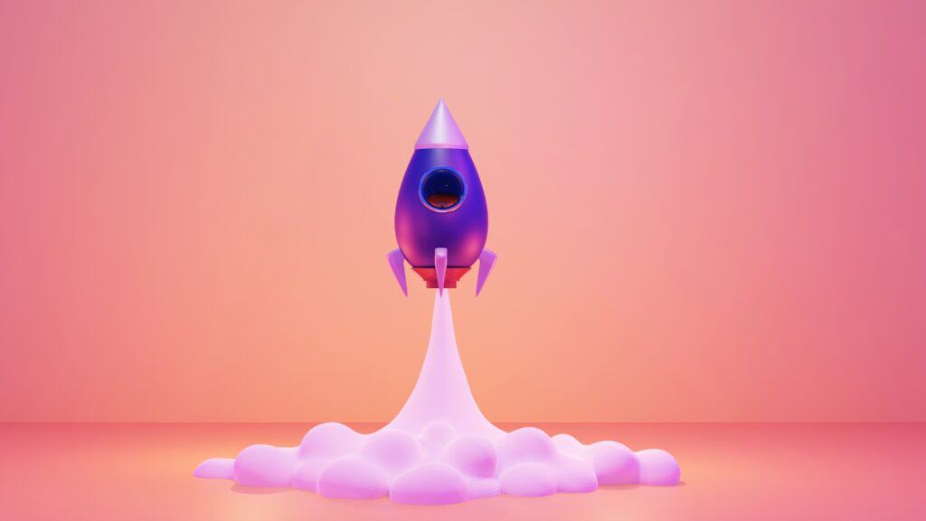 A cartoon image of a purple rocket blasting off with a purple plume of smoke.