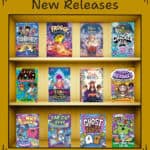 Display of various upcoming kids' graphic novels including Star Breakers, Frogg, Wilemina, and Ghost Toast, showcased on a wooden shelf.